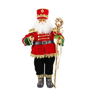 Standing Nutcracker Santa figure in red velvet with gold staff for Christmas decor