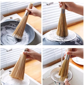 Bamboo kitchen brush in 4-way split view cleaning pans, pots, plates and bowls