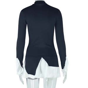 Back view of A-line mini dress featuring high neck long sleeves and ruffled hem contrast