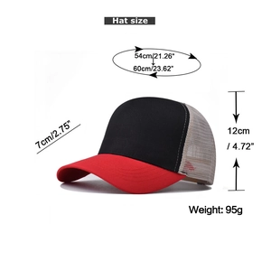 Three-color mesh baseball cap size details showing 54-60cm circumference and 7cm brim length