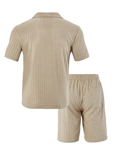 Detail view of the vertical stripe texture on the back of the beige casual short set