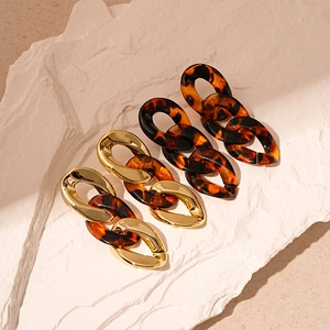 Retro acrylic leopard print link chain earrings with gold geometric metal accents