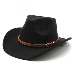 Classic black suede western cowboy hat with a brown faux leather belt and gold buckle