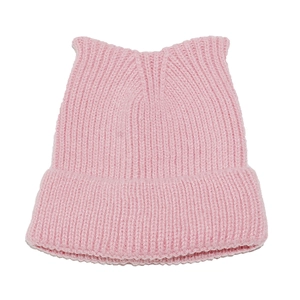 Pink knit cat ear beanie hat for women featuring warm ribbed solid color winter style