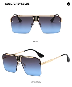 Vistas frontal y de 45 grados de gafas de sol cuadradas doradas con lentes degradadas