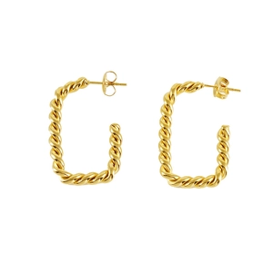 Macro detail of gold twisted rope texture on rectangular stainless steel hoop earrings