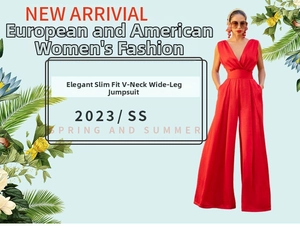 Detail of red V-neck sleeveless wide-leg jumpsuit with high waist slimming fit