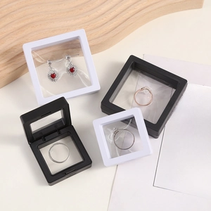 PE Film Floating Jewelry Display Box Square Transparent Plastic Storage Case For Rings Earrings Coins Medals Desktop Decor