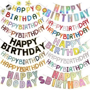 Detailed collage of various colorful Happy Birthday and Happy 100 Day paper banners