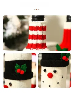 Macro detail of Christmas snowman wine bottle cover with knit texture and holly leaf decor