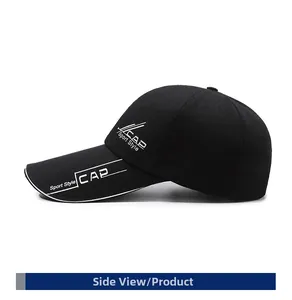Detail of a black sports baseball cap showing sandwich brim and side logo printing