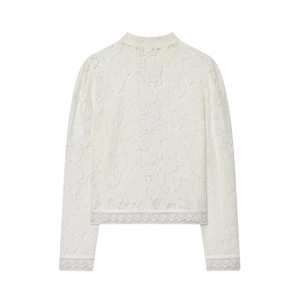 Elegant off-white lace blouse with high collar and intricate floral hollow embroidery