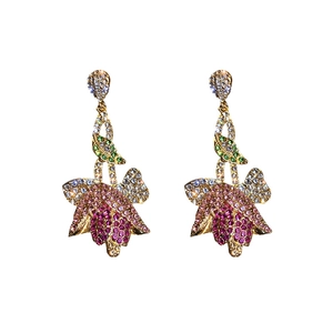 Elegant vintage tulip drop earrings with colorful crystals on a gold setting