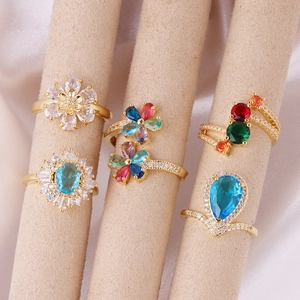 Adjustable gold plated rings with colorful floral and teardrop cubic zirconia stones