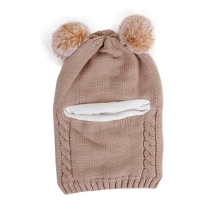 Knitted kids winter hat with double pom-poms and warm lining in khaki color