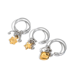 Two-tone 18K gold and silver stainless steel ring set with sun, star and heart charms