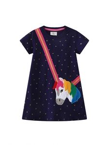 Girls navy blue short sleeve dress featuring gold stars and rainbow unicorn embroidery