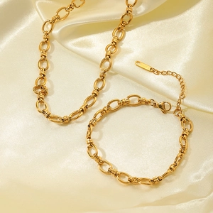 18K gold plated stainless steel chain link necklace and bracelet set on silk
