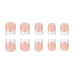 Classic French tip press-on nails in nude pink and white color with a short round shape