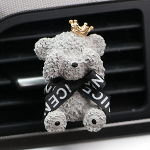 Grey Teddy Bear car air vent clip diffuser with gold crown and NICE ribbon decoration