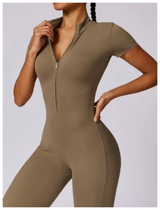 Detail of short sleeve yoga bodysuit with zipper neck in khaki high-elastic fabric