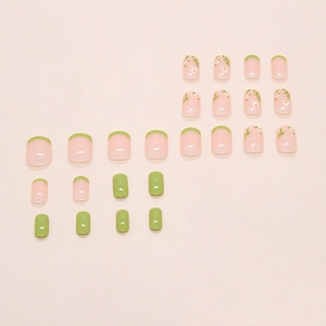 French green press-on nails with white daisy floral art and square oval shape