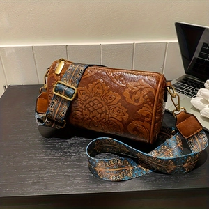 Vintage Embossed Floral Barrel Bag PU Leather Boston Handbag With Wide Ethnic Pattern Strap For Women Shoulder Crossbody