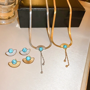 Retro Fan Shaped Necklace And Earrings For Women Turquoise Stainless Steel Vintage Bohemian Style Jewelry