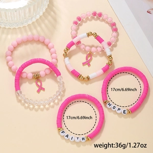 Pink western stretch bracelet set featuring letter beads and charity ribbon pendants