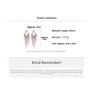 Detailed view of pink tassel long earrings with cubic zirconia and size measurements