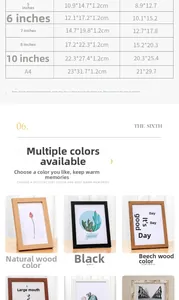 Size chart for wooden photo frame sets including 5 to 10 inch and A4 dimensions