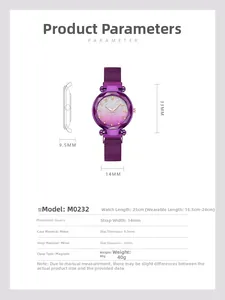 Detail of purple gradient dial with diamond cut glass and magnetic mesh band quartz watch
