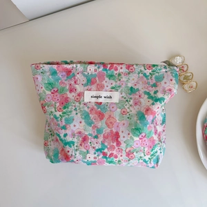 Floral cotton canvas shoulder bag set with pink flower pattern and simple wish label