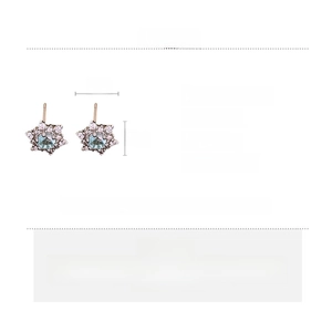 Detailed spec sheet showing blue zircon snowflake earrings with copper and silver needle