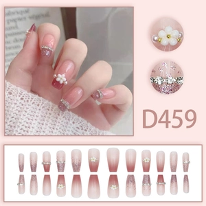 Pink gradient long coffin press-on nails with 3D white flowers and pearl accents