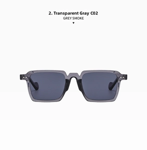 Detail view of square transparent grey sunglasses with grey smoke lenses, model C02