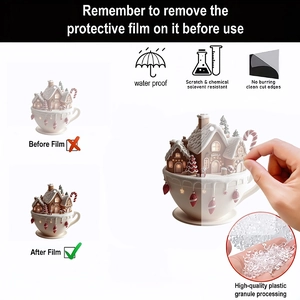 Detail showing removal of protection film on waterproof gingerbread house ornament