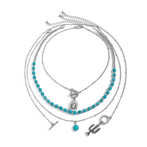 Detail of four-layer silver necklace set with turquoise beads and cactus pendant
