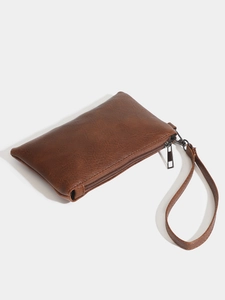 Brown litchi pattern PU leather clutch bag with wrist strap and metal zipper
