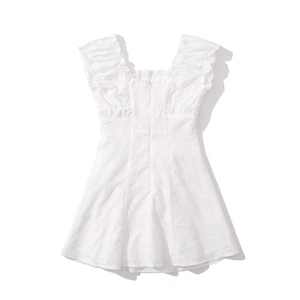 White floral embroidered mini dress with square neck and ruffled shoulders on white base