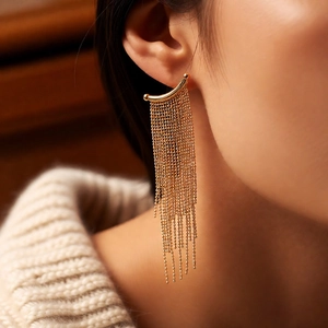 Elegant gold tassel earrings close-up on model showing high fashion jewelry style