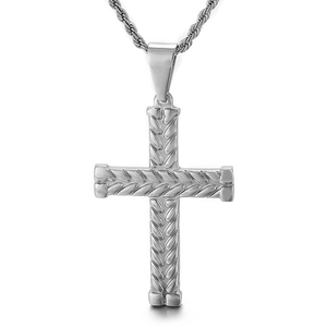Retro stainless steel cross pendant with woven texture design on white background