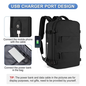 Detail of the USB charging port on a black backpack with phone connection demo