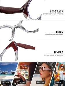 Detailed close-up of TR90 cat-eye frame hinges, nose pads, and lifestyle scenes