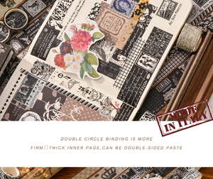 Retro collage style washi tape set with black and white stickers on a vintage wooden desk