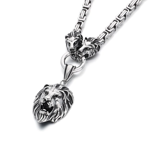 Punk silver stainless steel lion head pendant necklace with bold emperor link chain