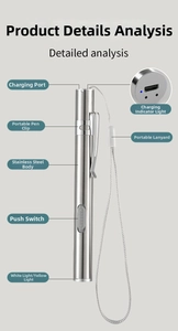 Détail de la lampe stylo médicale en inox avec port de charge USB et voyants de contrôle