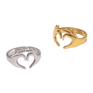Adjustable stainless steel heart gesture rings in gold and silver plating finish