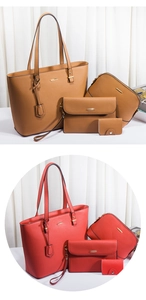 Detailed four-piece women's handbag set in red and brown colors with a textured finish