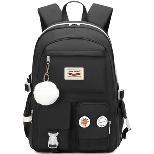 Black school backpack for students with large capacity and cute plush pendant accessory